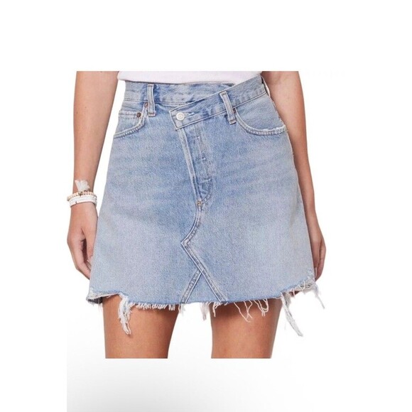 Agolde Denim Skirt 25 Blue Distressed Criss Cross Frayed Hem Organic Cotton - Picture 1 of 11